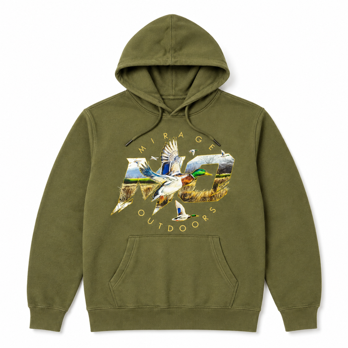 An olive green pullover hoodie with a large front graphic of a mallard duck and the text 'MIRAGE OUTDOORS' in gold, displayed on a clean white background.